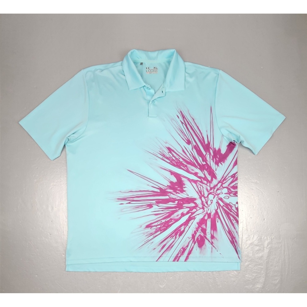 UNDER ARMOUR Golf Polo Shirt Mens XL Blue Loose HeatGear Paint Splatter Athletic